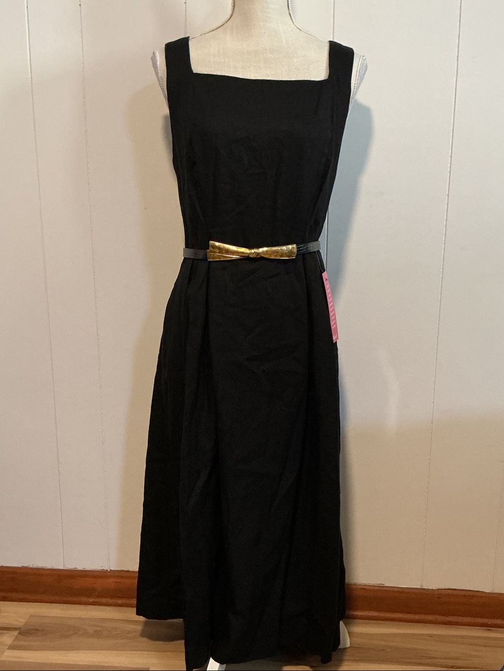 Donna Karan Black Sleeveless Maxi Dress with Gold Bow Belt